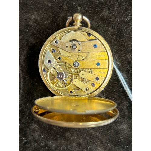 43 - An 18ct gold (tested) half hunter key wind pocket watch, the case with enamelled Roman numerals, ope... 