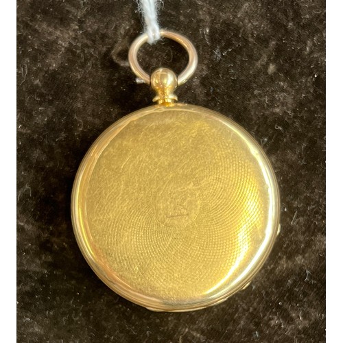 43 - An 18ct gold (tested) half hunter key wind pocket watch, the case with enamelled Roman numerals, ope... 