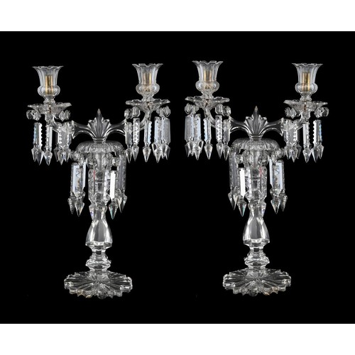 368 - A pair of late 19th century glass twin arm table lustres, with central stiff leaf finial between scr... 