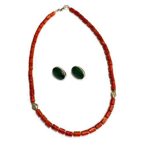 108 - A 925 silver and coral bead necklace, 45cmL unclasped; together with a pair of sterling silver malac... 