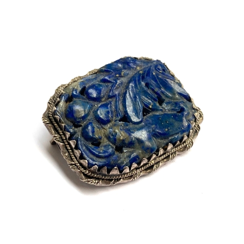 13 - An early 20th century Chinese export silver and carved lapis lazuli panel brooch, stamped 'Sung', 3.... 