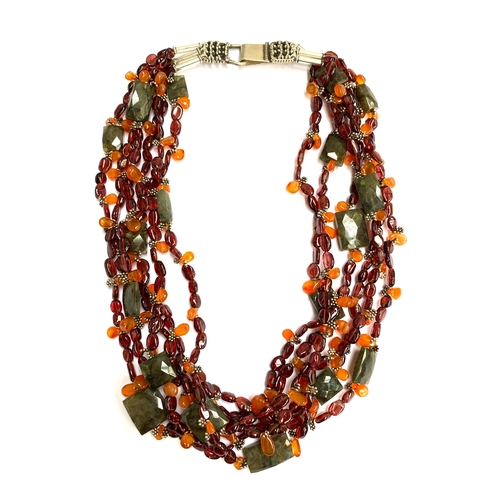 67 - An Indian 925 silver and gemstone multistrand necklace, strung with garnet and carnelian beads, 49cm... 