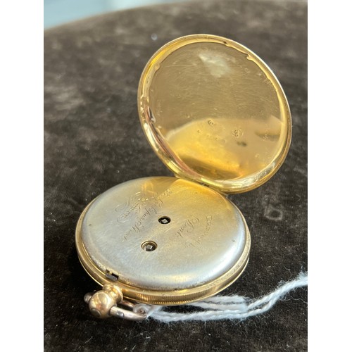 43A - An 18ct gold (tested) half hunter key wind pocket watch, the case with enamelled Roman numerals, ope... 