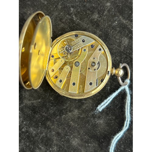 43A - An 18ct gold (tested) half hunter key wind pocket watch, the case with enamelled Roman numerals, ope... 