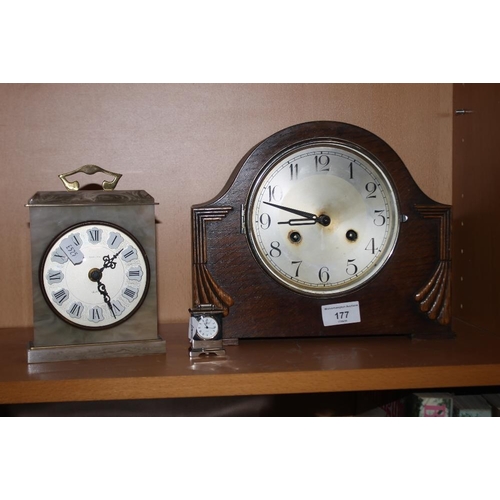 177 - TWO MANTEL CLOCKS TOGETHER WITH A MINIATURE CLOCK  (3)