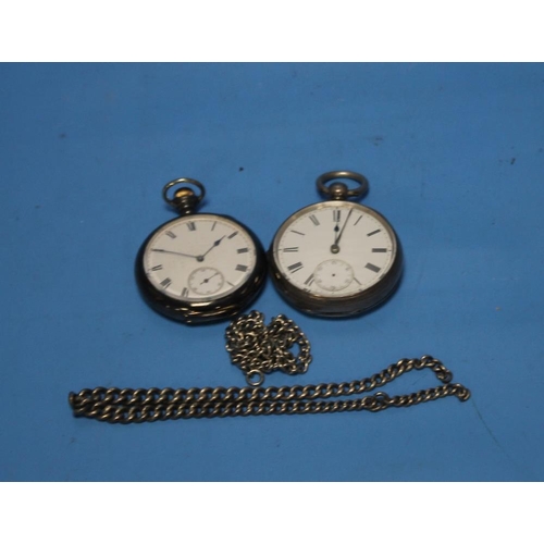 64 - TWO SILVER OPEN FACED POCKET WATCHES, with chains  (2)