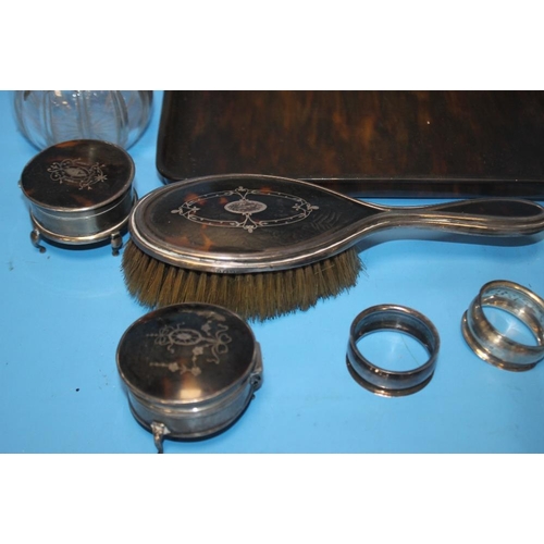 66 - A COLLECTION OF HALLMARKED SILVER AND TORTOISESHELL DRESSING TABLE ITEMS ETC.