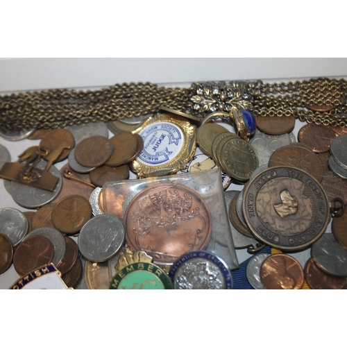 80 - A COLLECTION OF COINS, BADGES ETC.