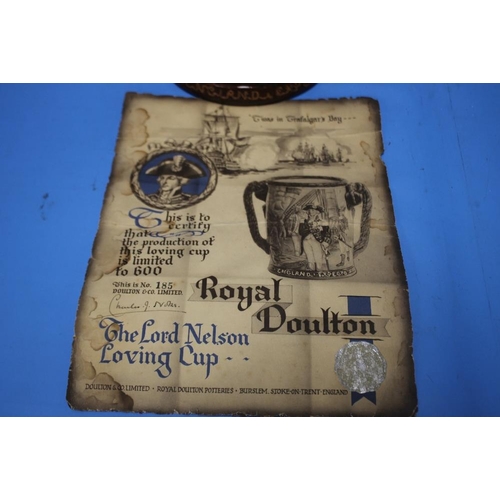 93 - A ROYAL DOULTON LIMITED EDITION TWIN HANDLED JUG DEPICTING NELSON, 185/600 WITH CERTIFICATE OF AUTHE... 