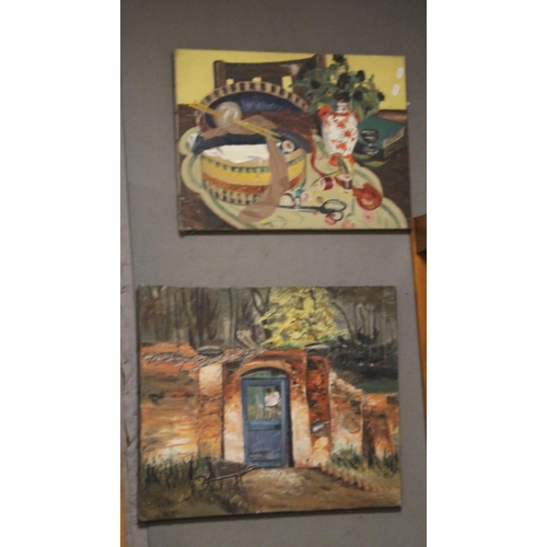 1 - TWO OIL ON CANVAS PAINTINGS - A WALLED GARDEN AND A SEWING BOX, BOTH SIGNED M. MARTIN