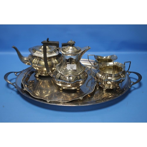 107 - A FOUR PIECE SILVER PLATED TEASET WITH TWO TRAYS