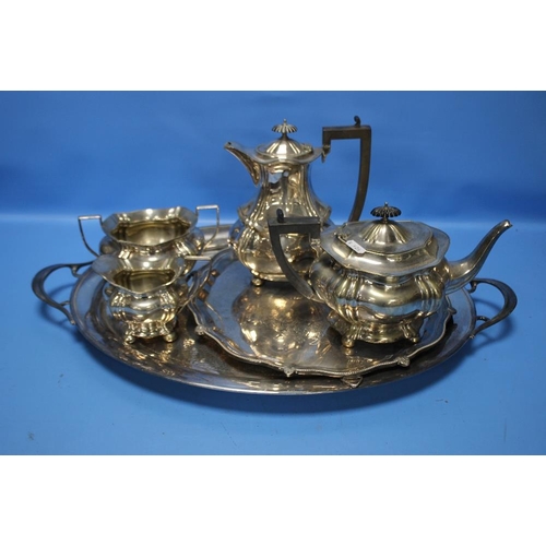 107 - A FOUR PIECE SILVER PLATED TEASET WITH TWO TRAYS