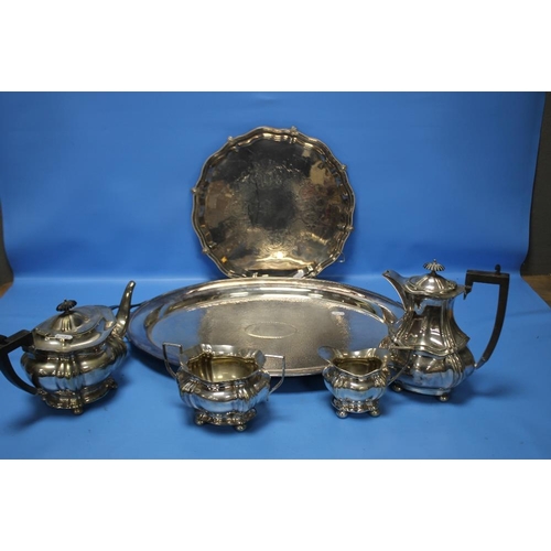 107 - A FOUR PIECE SILVER PLATED TEASET WITH TWO TRAYS