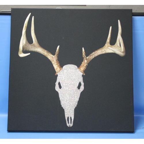 12 - A MODERN CANVAS PICTURE OF AN ANIMAL SKULL WITH ANTLERS, 71 X 71 CM