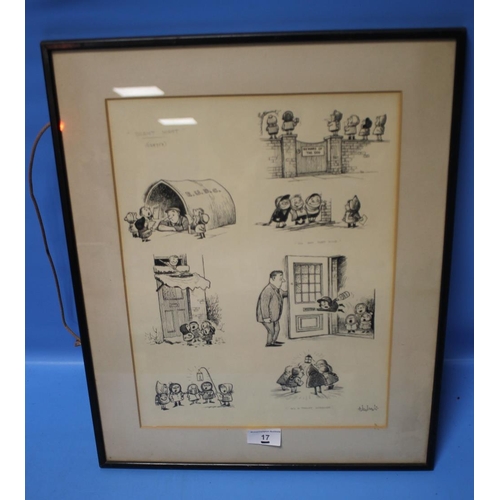 17 - A FRAMED THELWELL PEN & INK SET OF DRAWINGS WITH LABEL ON BACK 