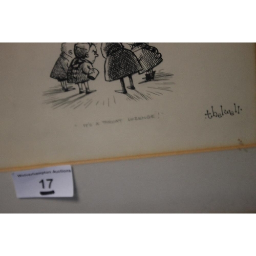 17 - A FRAMED THELWELL PEN & INK SET OF DRAWINGS WITH LABEL ON BACK 