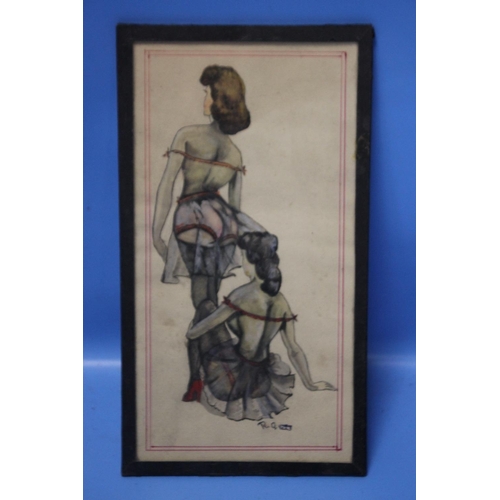 18 - A SMALL FRAMED WATERCOLOUR OF SCANTILY CLAD LADIES 23 X 13 CM