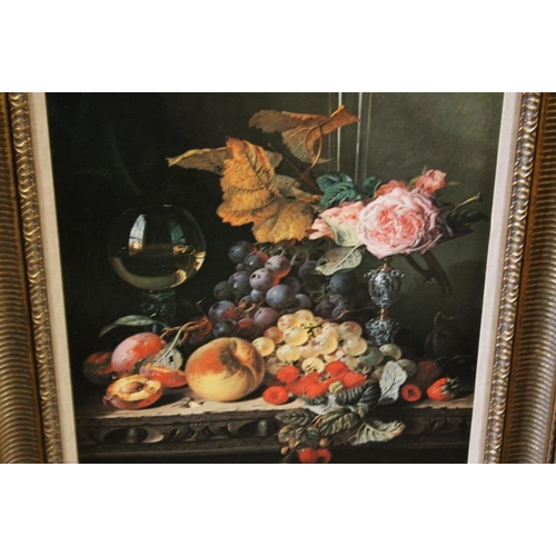 22 - A STILL LIFE OIL ON CANVAS TOGETHER WITH A FRAMED AND GLAZED PRINT