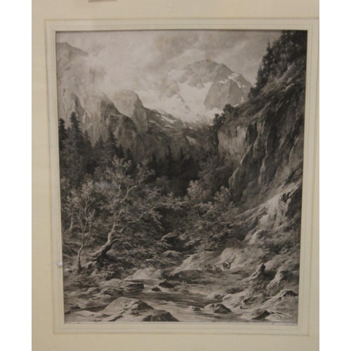 28 - A FRAMED PRINT DEPICTING A MOUNTAINSIDE SCENE WITH DEER IN FOREGROUND SIGNED L. FAUSTNER