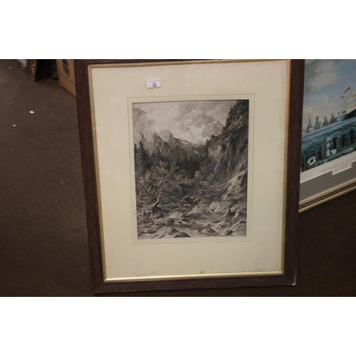 28 - A FRAMED PRINT DEPICTING A MOUNTAINSIDE SCENE WITH DEER IN FOREGROUND SIGNED L. FAUSTNER