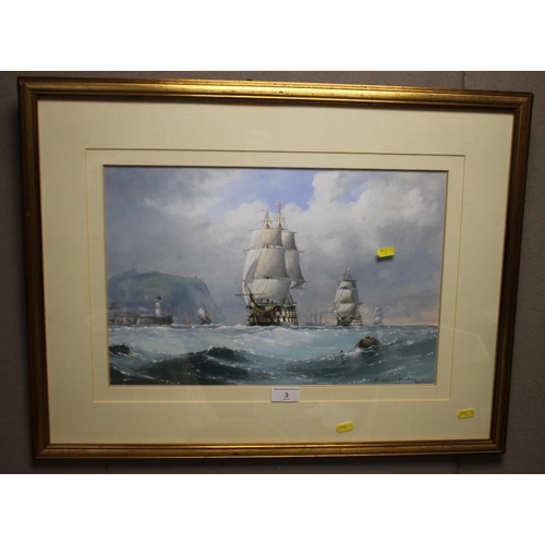 3 - MICHAEL MATTHEWS GOUACHE AND WATERCOLOUR PAINTING OF A SEASCAPE DEPICTING SEVERAL SHIPS UNDER SAIL, ... 