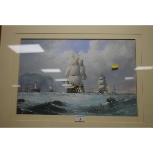 3 - MICHAEL MATTHEWS GOUACHE AND WATERCOLOUR PAINTING OF A SEASCAPE DEPICTING SEVERAL SHIPS UNDER SAIL, ... 