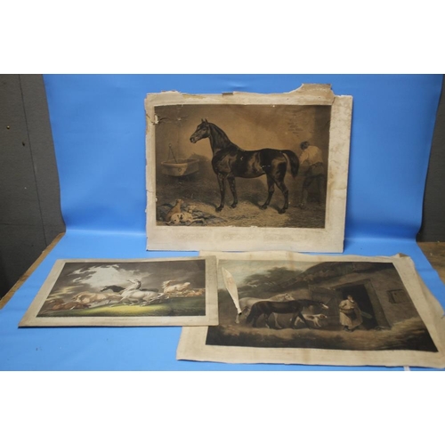 31 - THREE MOUNTED ENGRAVINGS - HORSES FRIGHTENED BY LIGHTNING, THE HORSE FEEDER AND ANOTHER  (3)