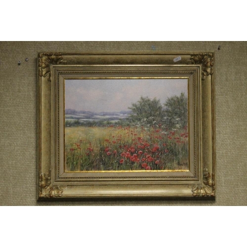 38 - TWO FRAMED OIL ON CANVAS PAINTINGS DEPICTING POPPIES SIGNED POYNTON (DEBORAH POYNTON)