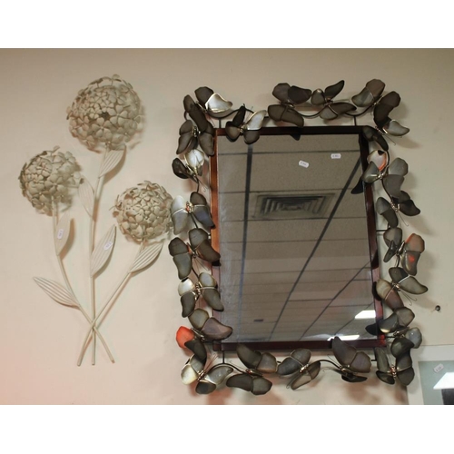 41 - A MODERN MIRROR DECORATED WITH BUTTERFLIES TOGETHER WITH A WALL ART FLOWER