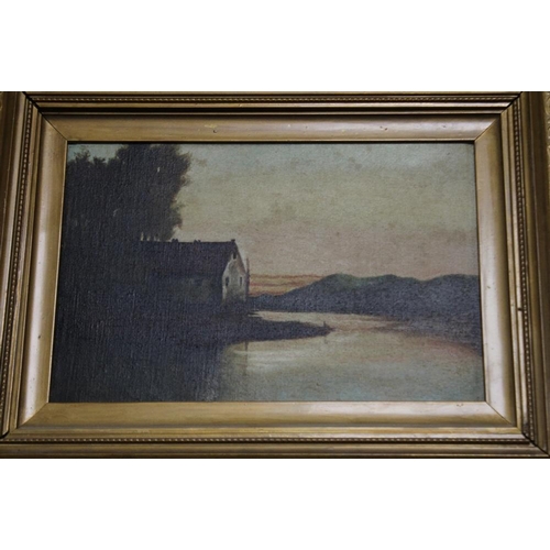 43 - A GILT FRAMED OIL ON CANVAS OF A LAKESIDE SCENE 43 X 34 CM