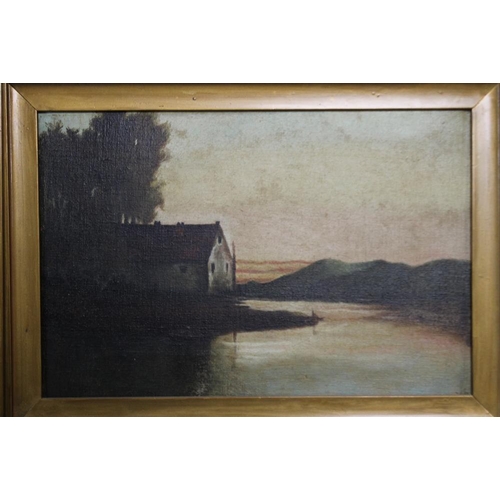 43 - A GILT FRAMED OIL ON CANVAS OF A LAKESIDE SCENE 43 X 34 CM