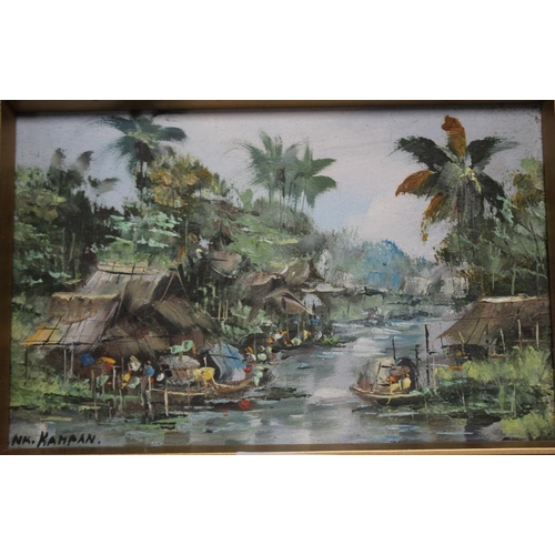 44 - N. K. KAMPAN - A FRAMED OIL ON BOARD DEPICTING A FAR EASTERN RIVER SCENE, 31 X 23 CM