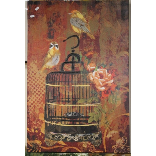 54 - TWO MODERN OIL ON CANVASES ONE DEPICTING A CAFE SCENE, THE OTHER TWO BIRDS SITTING ON A CAGE