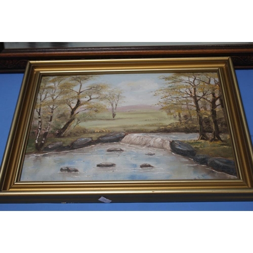 6 - AN OIL ON CANVAS PAINTING DEPICTING CATTLE DRINKING TOGETHER WITH AN OIL ON BOARD DEPICTING A WEIR, ... 