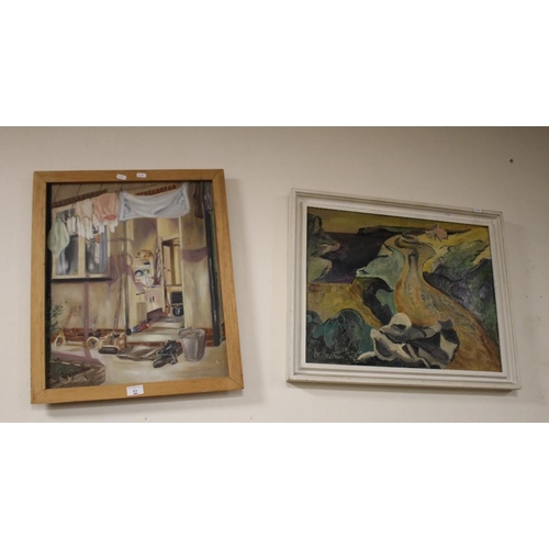 61 - MARJORIE MARTIN - AN ABSTRACT OIL PAINTING ON BOARD AND ANOTHER ON CANVAS OF A BACK DOOR