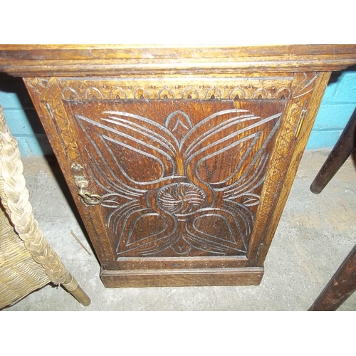 643 - FIVE ITEMS TO INCLUDE FOUR CHAIRS AND AN ANTIQUE DECORATED OAK CUPBOARD