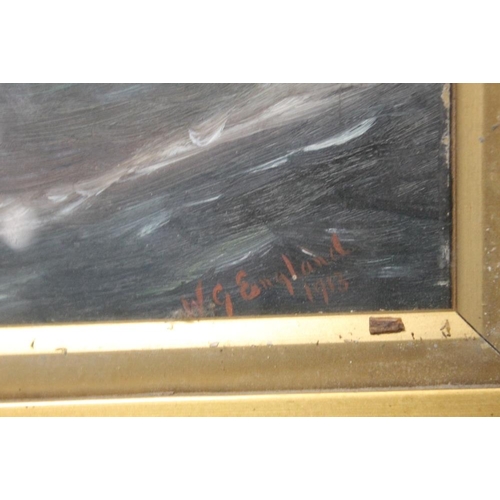 7 - A FRAMED AND GLAZED WATERCOLOUR DEPICTING A BOAT ON A STORMY SEA, SIGNED W. G. ENGLAND 1913, 59 X 42... 