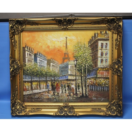 8 - A GILT FRAMED OIL ON CANVAS PAINTING OF A PARIS STREET SCENE, 76 X 66 CM