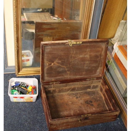 81 - A QUANTITY OF PICTURES AND MIRRORS TOGETHER WITH A WOODEN BOX A/F AND A BOX OF TOY CARS