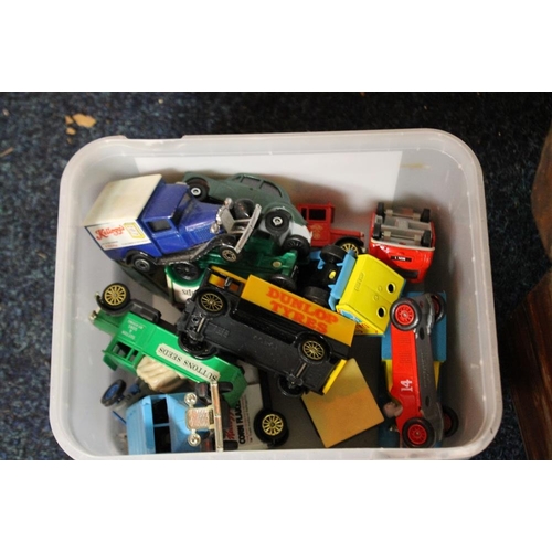 81 - A QUANTITY OF PICTURES AND MIRRORS TOGETHER WITH A WOODEN BOX A/F AND A BOX OF TOY CARS