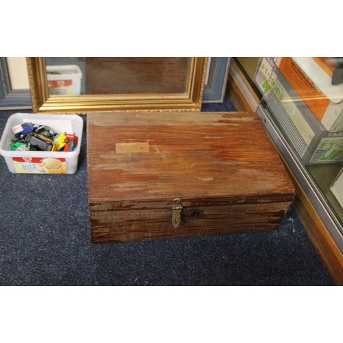 81 - A QUANTITY OF PICTURES AND MIRRORS TOGETHER WITH A WOODEN BOX A/F AND A BOX OF TOY CARS