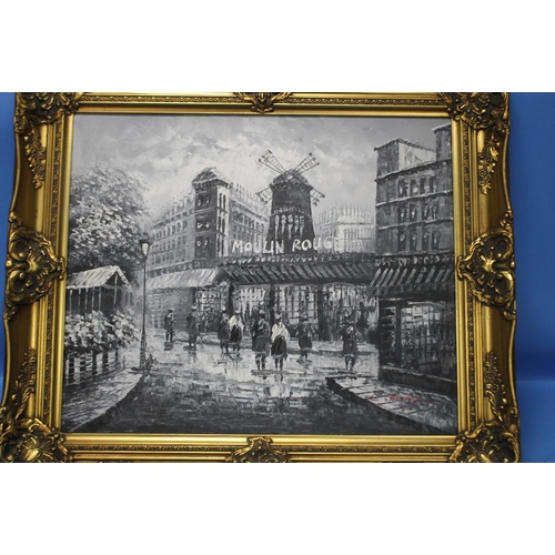 9 - A GILT FRAMED OIL ON CANVAS PAINTING OF THE MOULIN ROUGE, PARIS, 76 X 66 CM