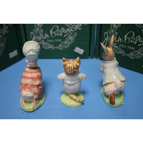 92 - THREE BESWICK BEATRIX POTTER FIGURES - TOM KITTEN, PETER RABBIT AND JEMIMA PUDDLEDUCK