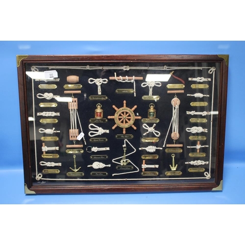 96 - AN INLAID SEWING BOX ALONG WITH A FRAMED SELECTION OF NAUTICAL KNOTS