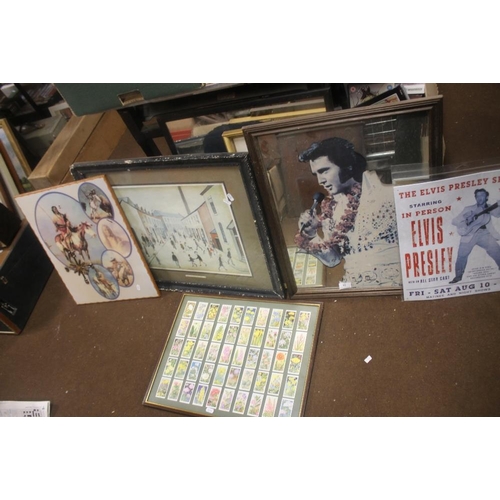 58 - A QUANTITY OF PICTURES, PRINTS AND MIRRORS TO INCLUDE CORONATION STREET' BY L.S. LOWRY, ELVIS MIRROR... 