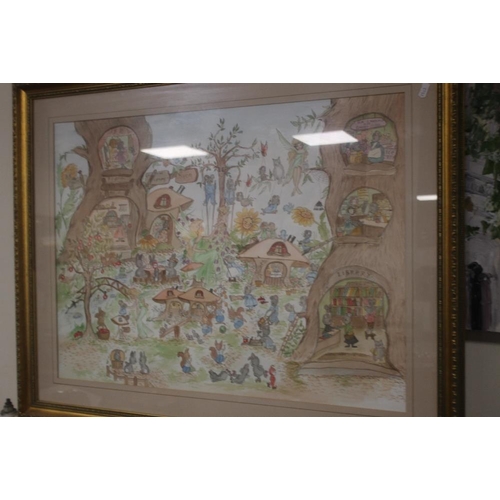 68 - A FRAMED AND GLAZED PRINT INSCRIBED 'ROSE JANUARY 1987' DEPICTING WOODLAND ANIMAL CHARACTERS