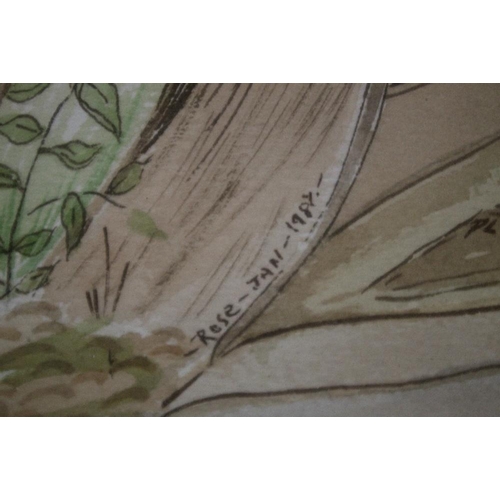 68 - A FRAMED AND GLAZED PRINT INSCRIBED 'ROSE JANUARY 1987' DEPICTING WOODLAND ANIMAL CHARACTERS