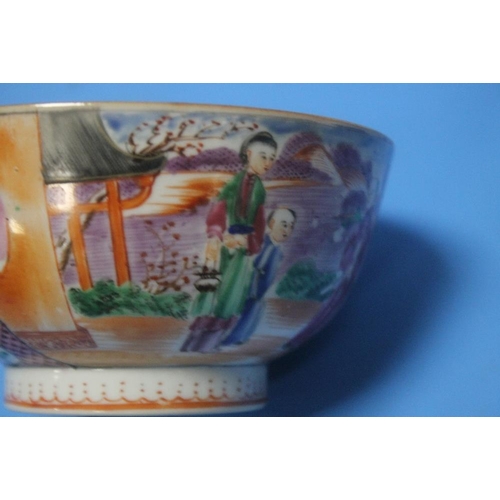 90 - A MANDARIN PALETTE CHINESE EXPORT FAMILLE PORCELAIN BOWL, DECORATED WITH PANELS OF FIGURES, DEPTH 14... 