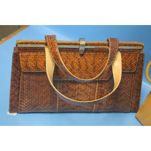 107 - A SNAKESKIN TYPE HANDBAG AND PURSE TOGETHER WITH ANOTHER SNAKESKIN TYPE EXAMPLE