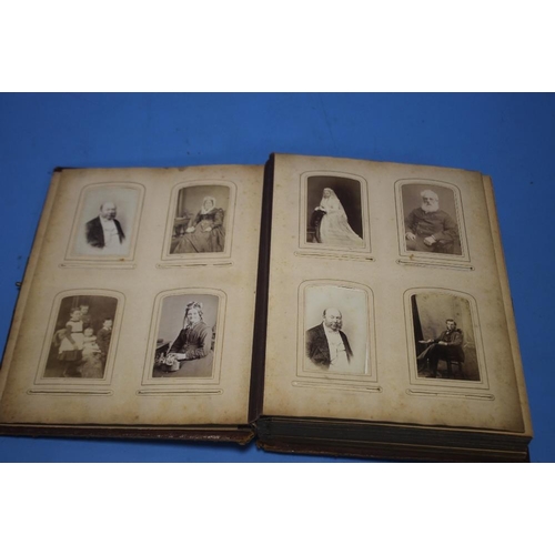 108 - A VICTORIAN PHOTOGRAPH ALBUM WITH CONTENTS, INCLUDING CARTE DE VISITE ETC